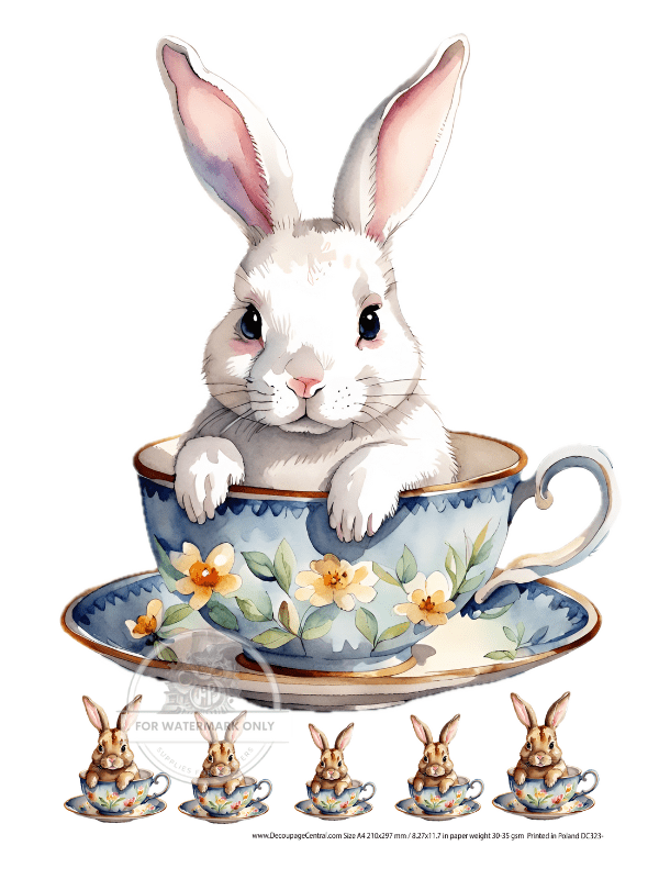 A4 Bunny in A Teacup Rice Paper DC323 - Decoupage Central