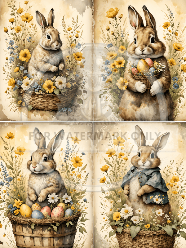 A4 Bunny in Basket Quad Rice Paper DC621 - Decoupage Central