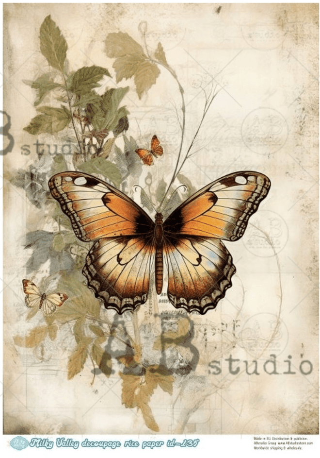 A4 Butterfly on Taupe Rice Paper Milky Valley ID135 - Decoupage Central
