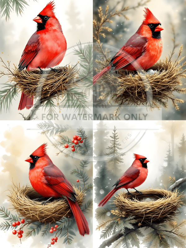 A4 Cardinals in Nest Quad Rice Paper DC806 - Decoupage Central