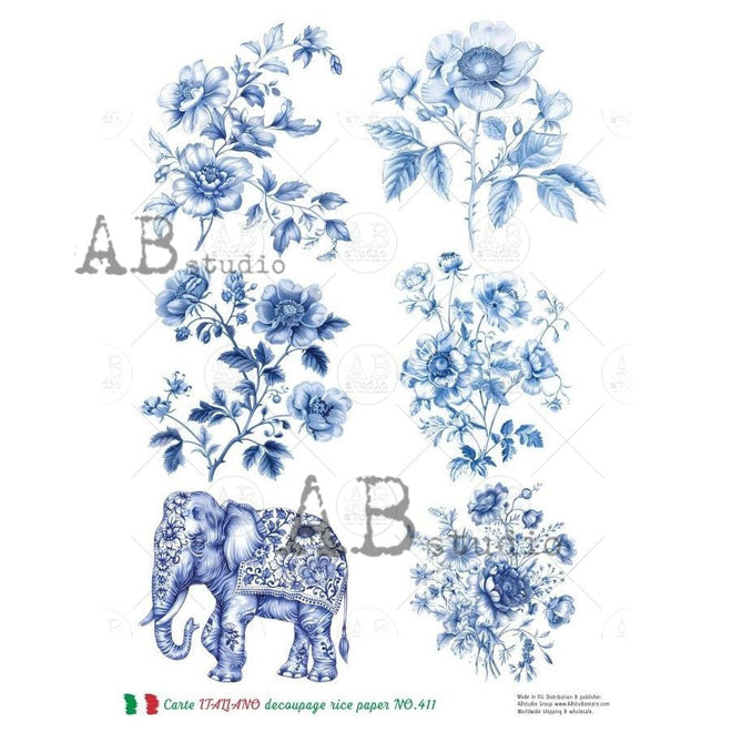 A4 Carte 411 Delft Blue Florals and Elephant Carte Italiano - Decoupage Central