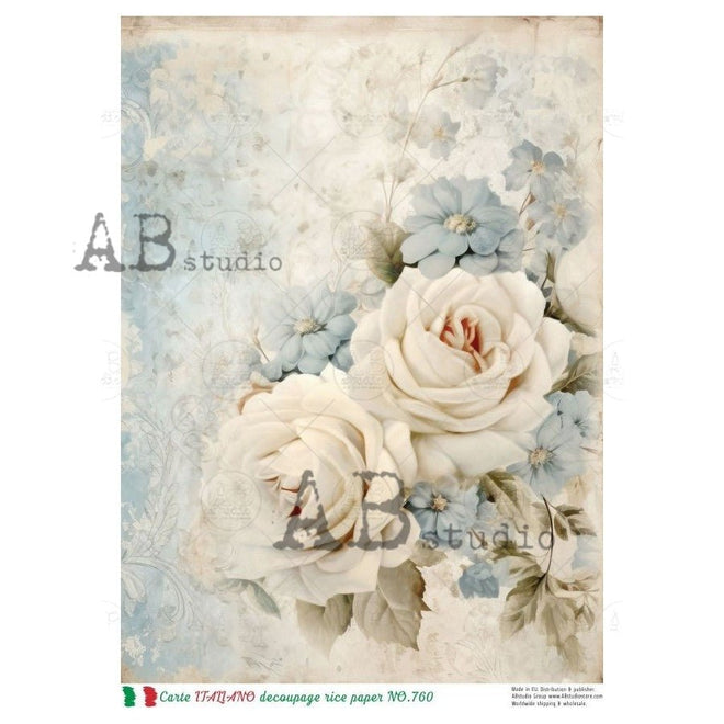A4 Carte 760 Ivory Roses in Soft Blue - Decoupage Central