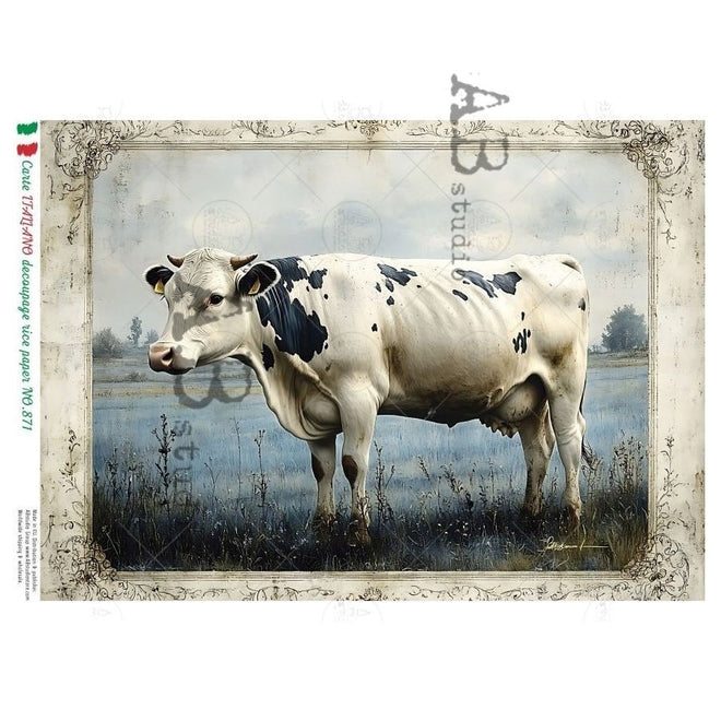 tThis fabulous Cow on a blue background fillshe entire space Rice paper for decoupage available at Decoupage Central.