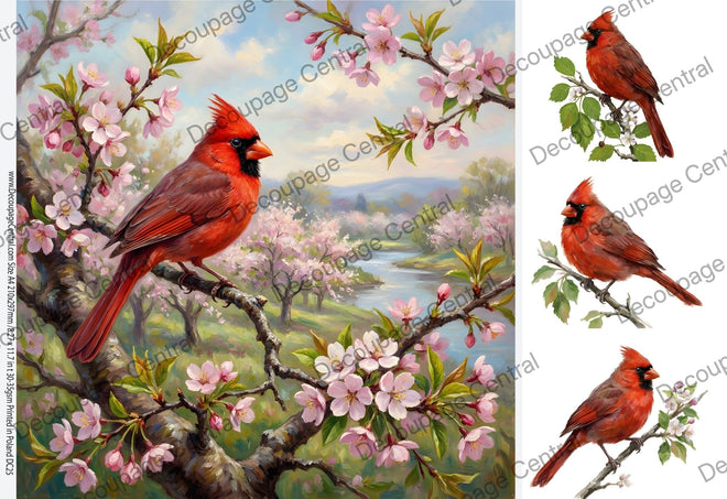 A4 : Cherry Blossom Cardinal Rice Paper DC925 - Decoupage Central