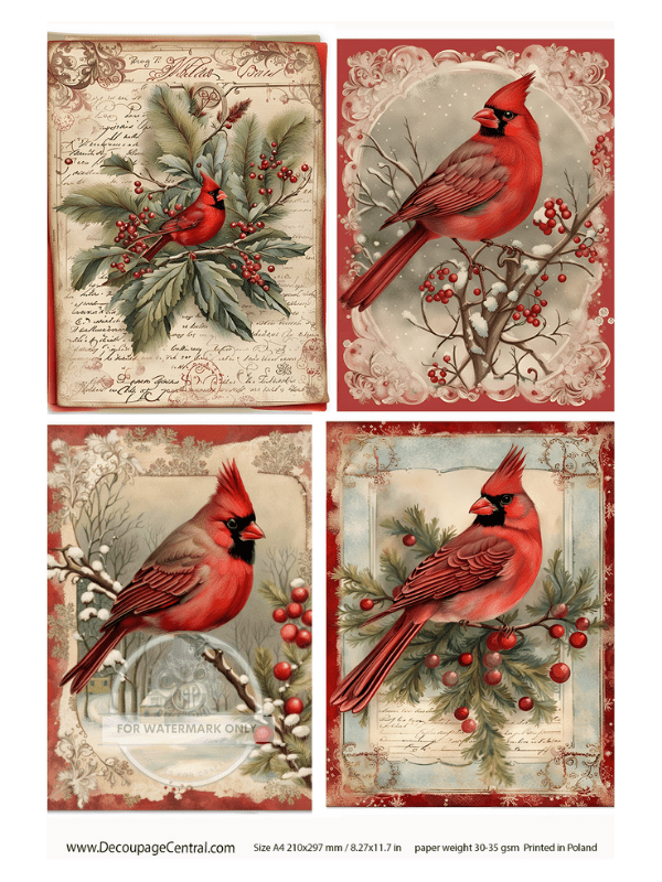 A4 Christmas Cardinal Collection 4 images one page Rice Paper DC115 - Decoupage Central