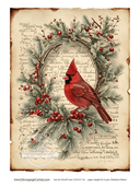 A4 Christmas Cardinal in Wreath Rice Paper DC117 - Decoupage Central