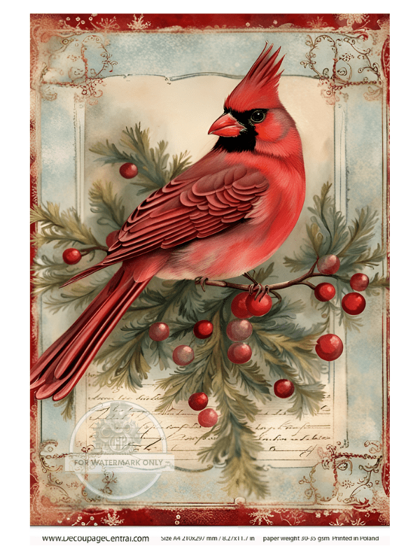 A4 Christmas Cardinal on Teal Rice Paper DC116 - Decoupage Central