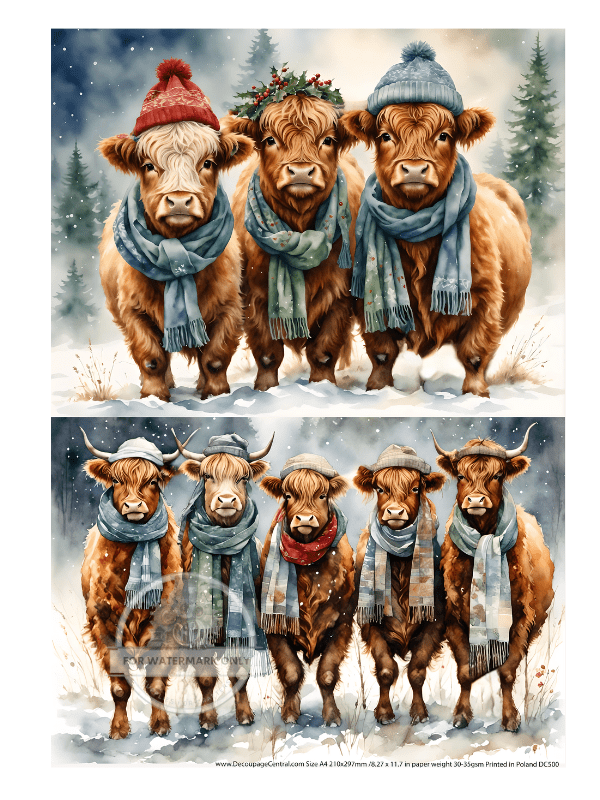 A4 Christmas Cows Duo Rice Paper DC500 - Decoupage Central