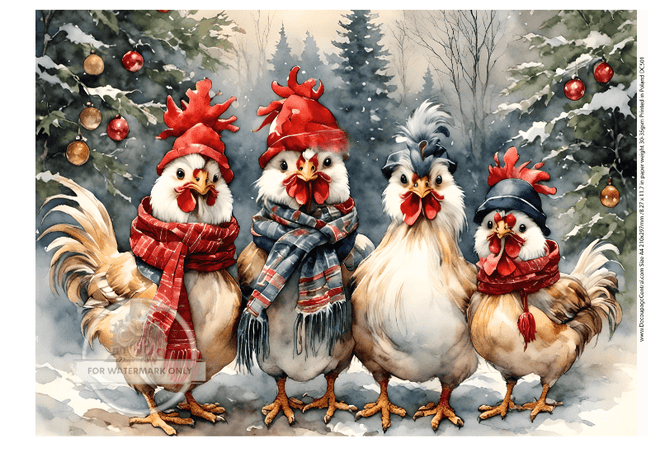 A4 Christmas Hens Rice Paper DC501 - Decoupage Central