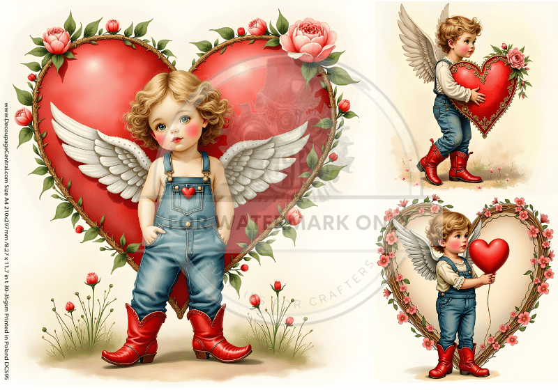A4 Country Cupid for Valentines Multi Paper DC595 – Decoupage Central