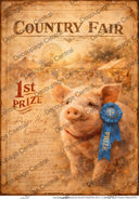 A4 Country Fair Blue Ribbon Pig Rice Paper DC915 - Decoupage Central