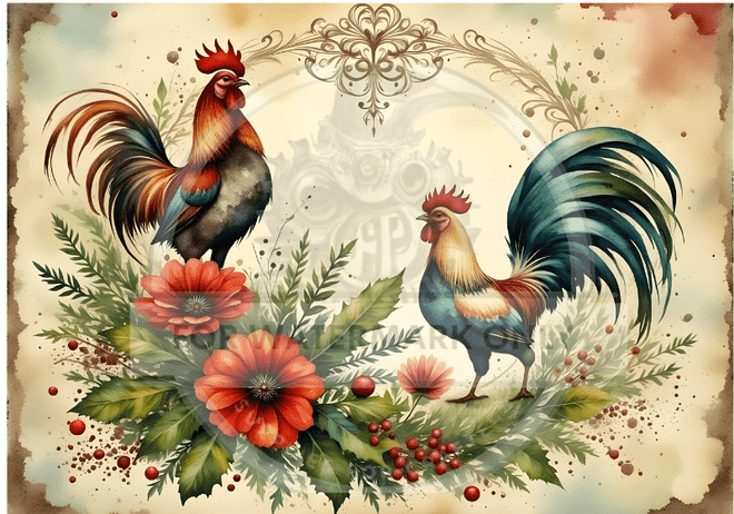 A4 Country Rooster & Bloom Rice Paper DC819 - Decoupage Central