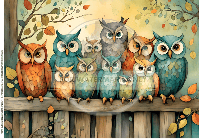 A4 Crazy Owls on the Fence DC587 - Decoupage Central