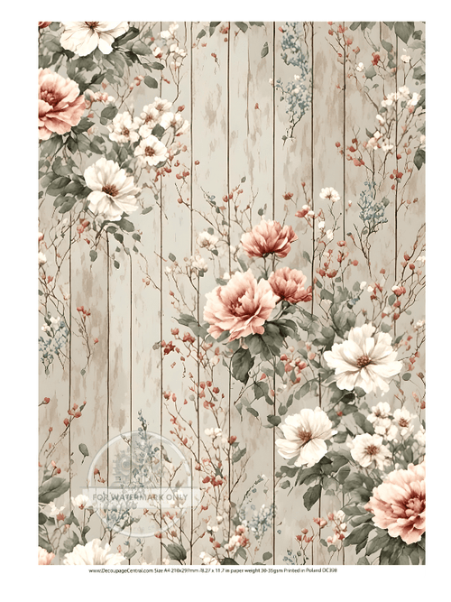A4 Creamy Floral Shiplap Rice Paper DC398 - Decoupage Central