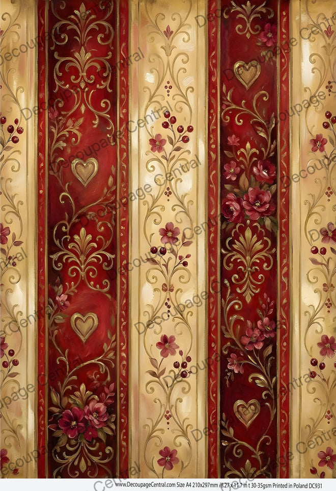 A4 Crimson Heirloom Heart Stripe Rice Paper DC931 - Decoupage Central