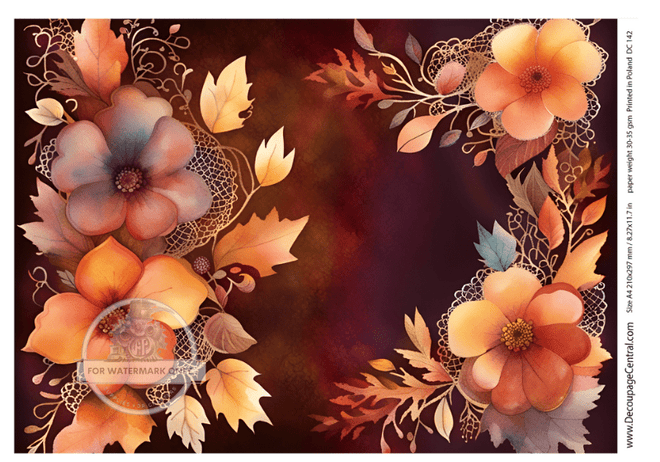 A4 Dark Fall Floral Background Rice Paper DC142 - Decoupage Central