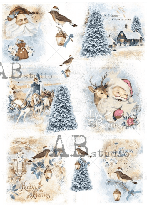 A4 Dashing thru the Snow Rice Paper, AB Studios 1128 - Decoupage Central