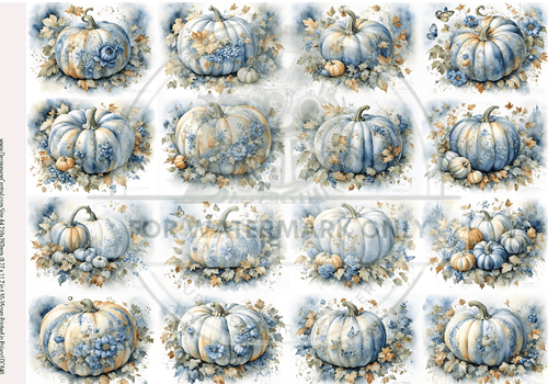 A4 DC840 Blue Pumpkin Blooms Rice Paper - Decoupage Central