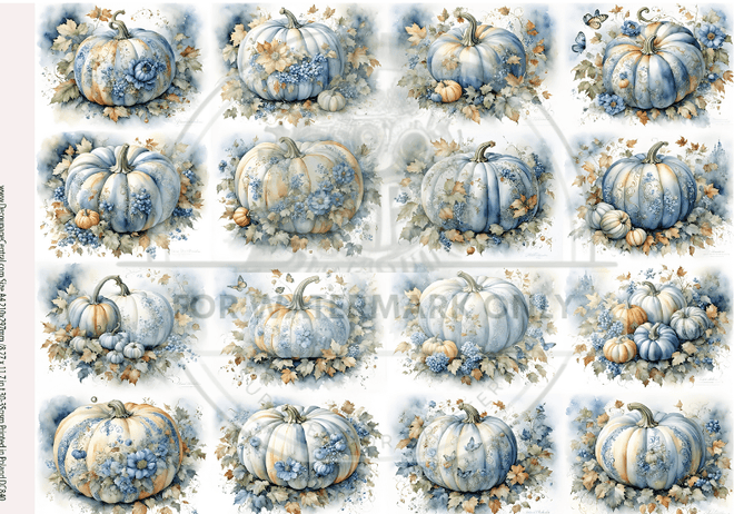 A4 DC840 Blue Pumpkin Blooms Rice Paper - Decoupage Central