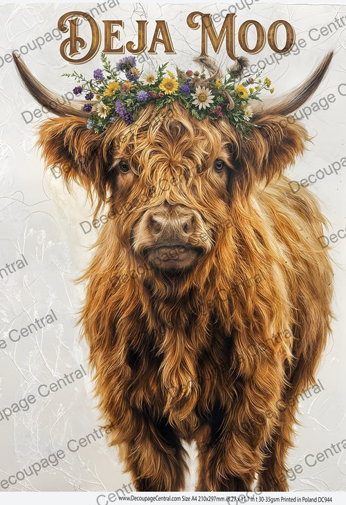 This fabulous brown cow rice paper for decoupage is wearing flowers in her hair . Shes a fabulous design for your project.