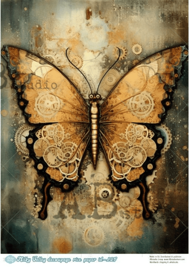 A4 Dramatic Mechanical Butterfly Rice Paper Milky Valley ID125 - Decoupage Central