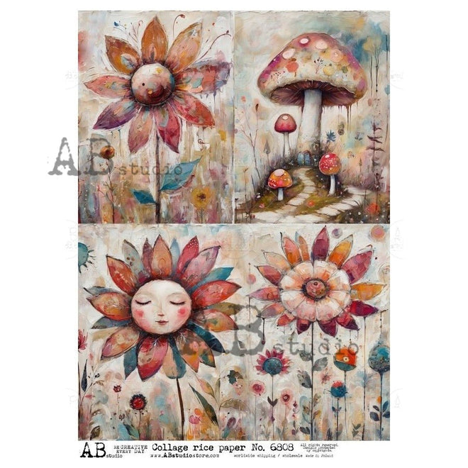 A4 Enchanted Blooms and Mushrooms Quad Rice Paper AB Studios 6808 - Decoupage Central