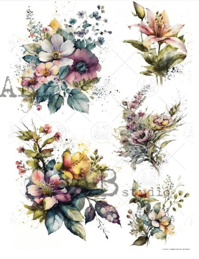 A4 Exotic Floral Rice Paper, 1778 AB Studios - Decoupage Central