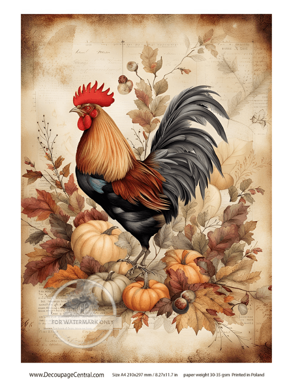 A4 Fall Rooster Rice Paper DC112 - Decoupage Central