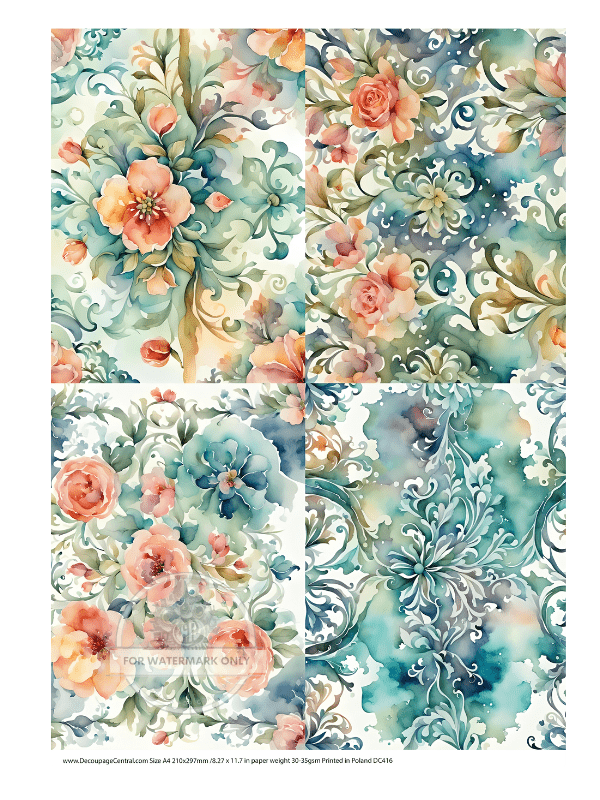 A4 Floral Wallpaper Quad Rice Paper DC416 - Decoupage Central