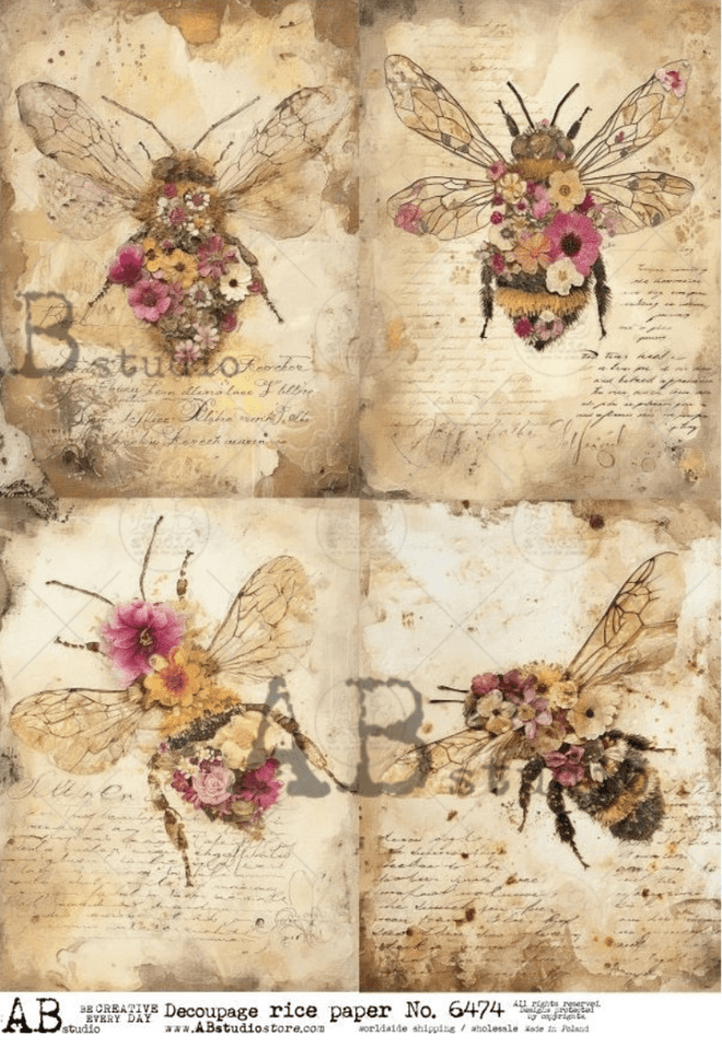 A4 Flower Bees Quad AB Studios 6474 - Decoupage Central