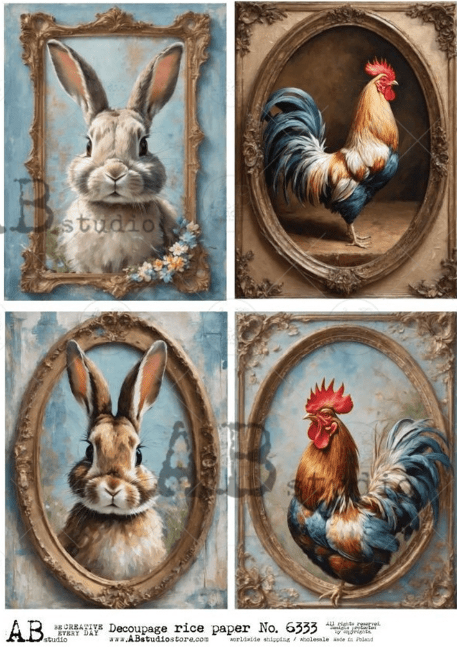 A4 Framed Bunny n Rooster Quad AB Studios 6333 - Decoupage Central