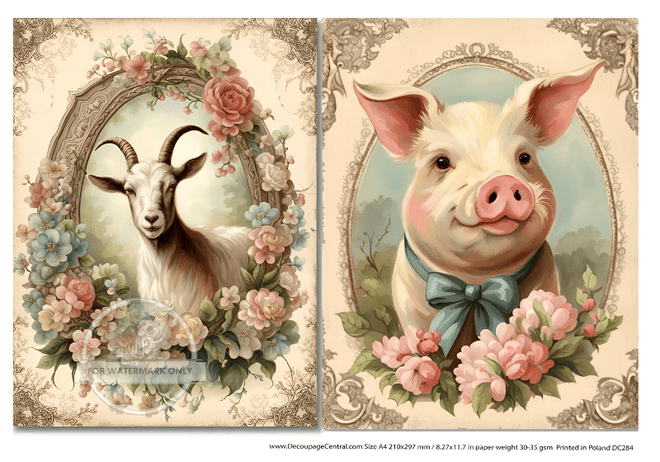 A4 Framed Pig and Goat Decoupage Rice Paper DC284 - Decoupage Central