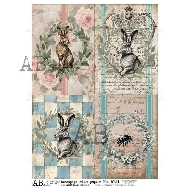 A4 French Country Hares Quad AB Studios 6721 - Decoupage Central