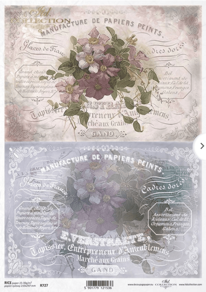 A4 French Flower Label Duo Decoupage Paper R0727 - Decoupage Central