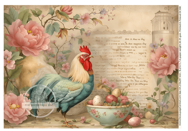 A4 French Rooster Decoupage Rice Paper DC308 - Decoupage Central