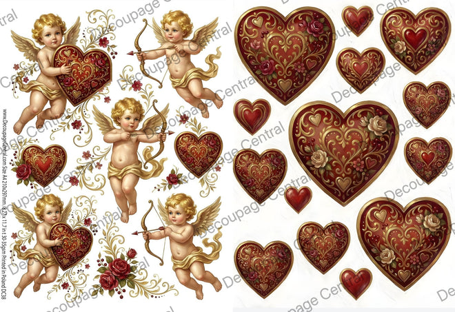 A4 Gilded Cupid Hearts Rice Paper DC938 - Decoupage Central
