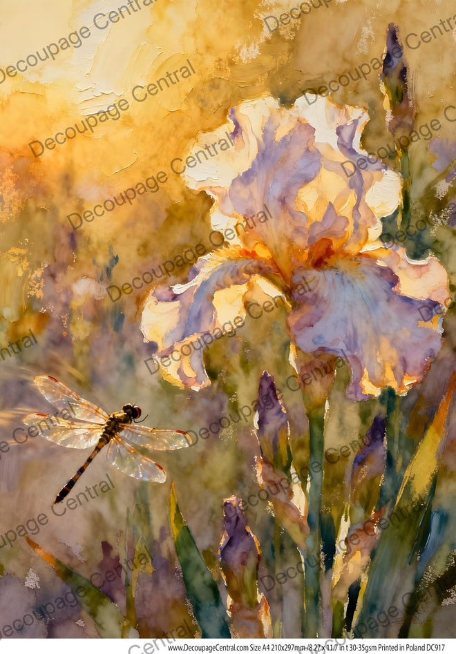 A4 Golden Iris & Dragonfly Rice Paper DC917 - Decoupage Central