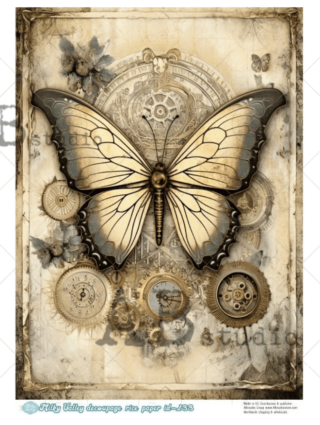 A4 Golden Mechanical Butterfly Rice Paper Milky Valley ID133 - Decoupage Central
