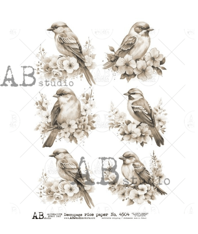 A4 Gorgeous Sepia Birds Rice Paper 4504 - Decoupage Central