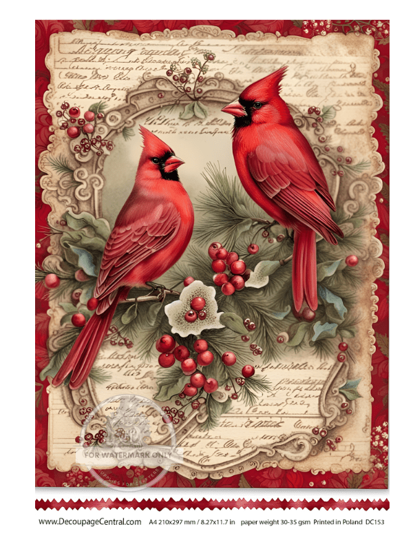 A4 Holiday Cardinals Rice Paper DC153 - Decoupage Central