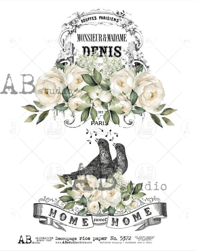 A4 Home Sweet Home French Label Decoupage Rice Paper AB 5372 - Decoupage Central