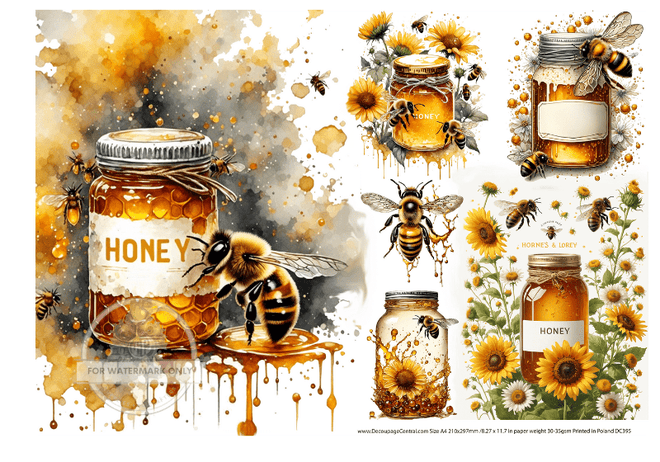 A4 Honey Jars Rice Paper DC395 - Decoupage Central