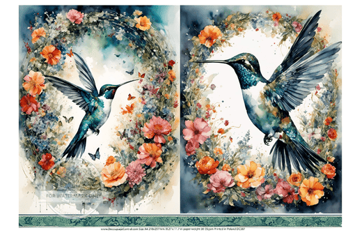 A4 Hummingbird in Wreath Rice Paper DC387 - Decoupage Central