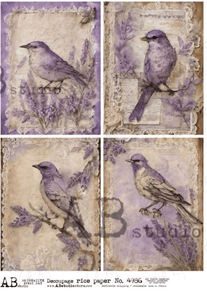 A4 Lavender and Birds Quads Rice Paper 4986 - Decoupage Central