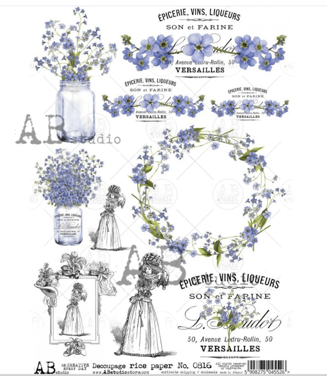 A4 Lavender and Labels Rice Paper, AB Studios 816 - Decoupage Central