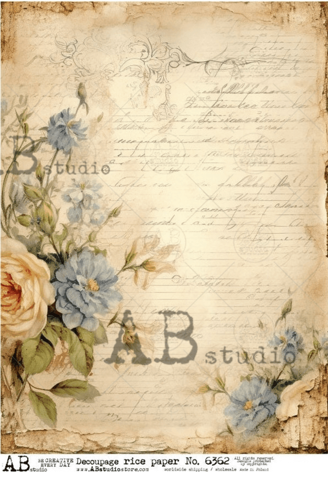 A4 Letter Flowers Rice Paper Background AB Studios 6362 - Decoupage Central