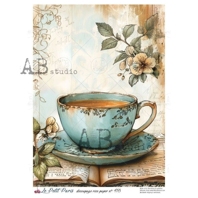 A4 LPP 418 Tea & Bookish Blooms Rice Paper - Decoupage Central