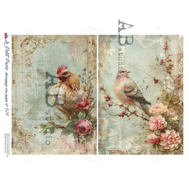 A4 LPP 624 Garden Bird & Hen Duo Rice Paper - Decoupage Central