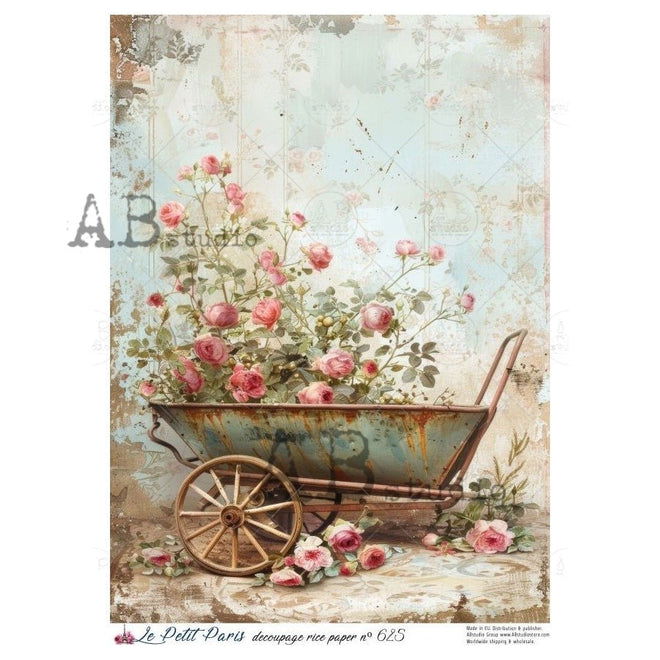 A4 LPP 625 Rose - Filled Wheelbarrow Rice Paper - Decoupage Central
