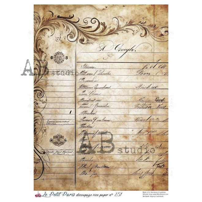 A4 LPP Antique Ledger Frame Paper Le Petit Paris 251 - Decoupage Central